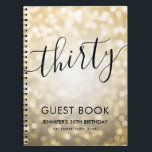 Carnet Script moderne Gold Lights 30th Birthday GUEST LIV<br><div class="desc">Elégant Glam Gold Parties scintillant Lights 30e anniversaire Script modèle avec lumières de parties scintillant et script de typographie moderne.</div>