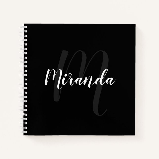 Carnet Script moderne Monogramme personnalisé et nom noir (Devant)