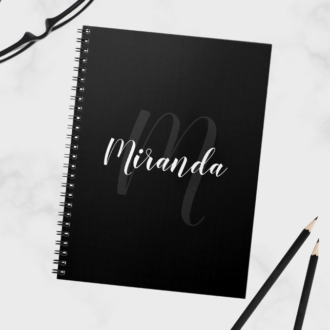 Carnet Script moderne Monogramme personnalisé et nom noir (Créateur téléchargé)