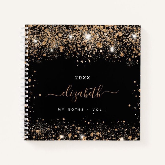 Carnet Script nom paillettes or noir  (Devant)