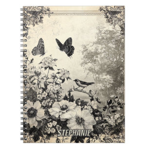 Carnet Sepia Botanique Oiseaux Papillons Vintage