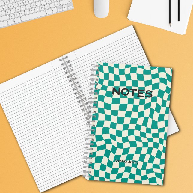 Carnet Sexe Neutral Turquoise Wavy Check Nom Monogrammé (Créateur téléchargé)