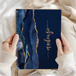 Carnet Signature personnalisée bleu marine agate dorée