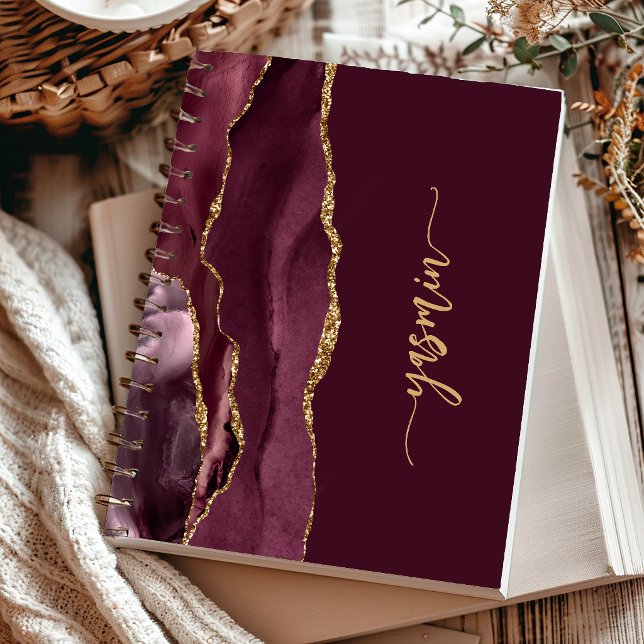 Carnet Signature personnalisée Bourgogne Agate dorée (Créateur téléchargé)