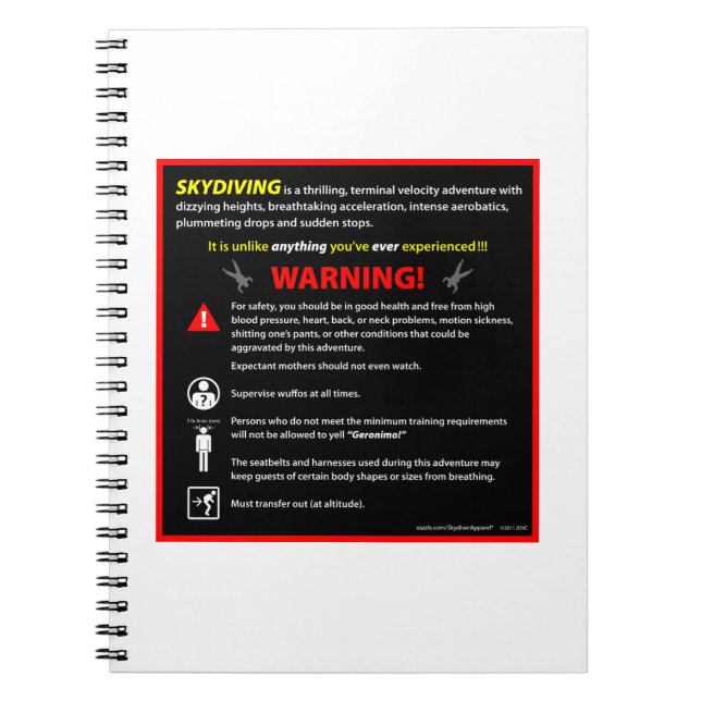 Carnet SIGNE D'Avertissement Du Parc À Thème SKYDIVING (Devant)