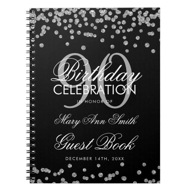 Carnet Silver Black 90th Birthday Guest Book Confetti (Devant)