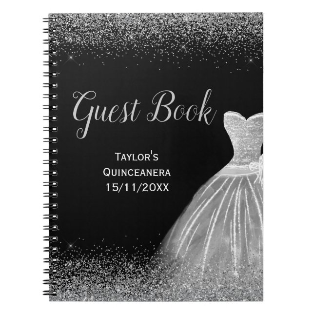 Carnet Silver Dress Faux Glitter Quinceanera  guest Book (Devant)