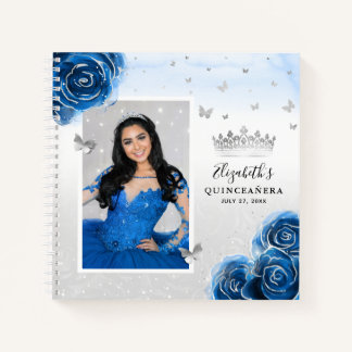 Carnet Silver Royal Blue Roses Photo Quinceanera Guest