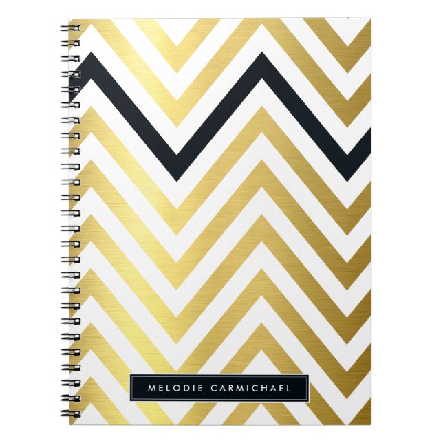 Carnet SIMPLE moderne chevron motif or noir (Devant)