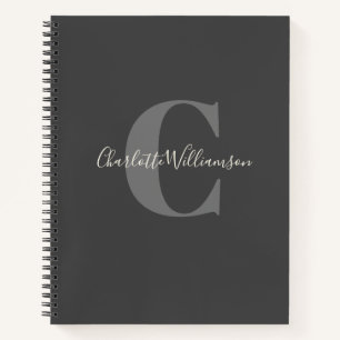Carnet Simple Monogramme Personnalisé et Nom Noir Gris