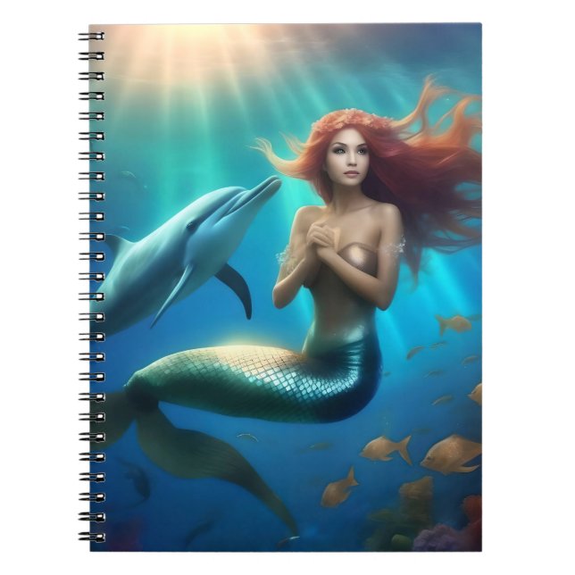 Carnet Sirène Angélique Nageant Avec Dauphins, (Devant)
