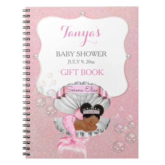 Carnet Sirène bébé afro-américain coquillage rose perles (Devant)