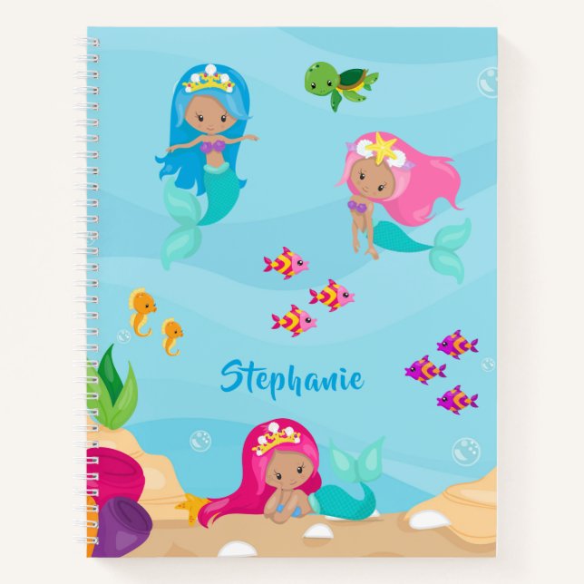 Carnet Sirène Mignonne Personnalisée Fille Sous la Mer (Devant)