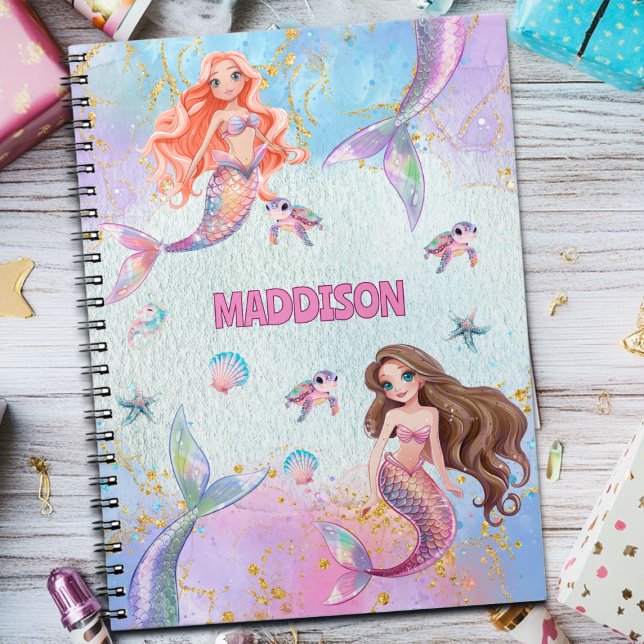 Carnet Sirènes Paillettes Rose Violet Ajouter Nom (Créateur téléchargé)