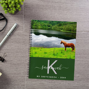 Carnet Sketbook cheval photo vert monogramme