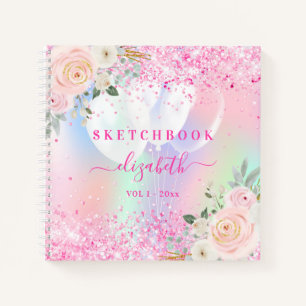 Carnet Sketchbok rose florales holographique nom de la pa