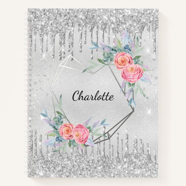 Carnet Sketchbook argent floral parties scintillant rose  (Devant)