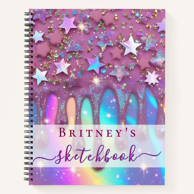 Carnet Sketchbook holographic pink drips girly (Devant)