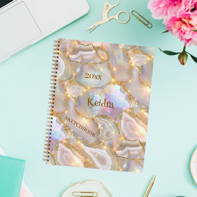 Carnet Sketchbook or beige agate nom holographique (Créateur téléchargé)