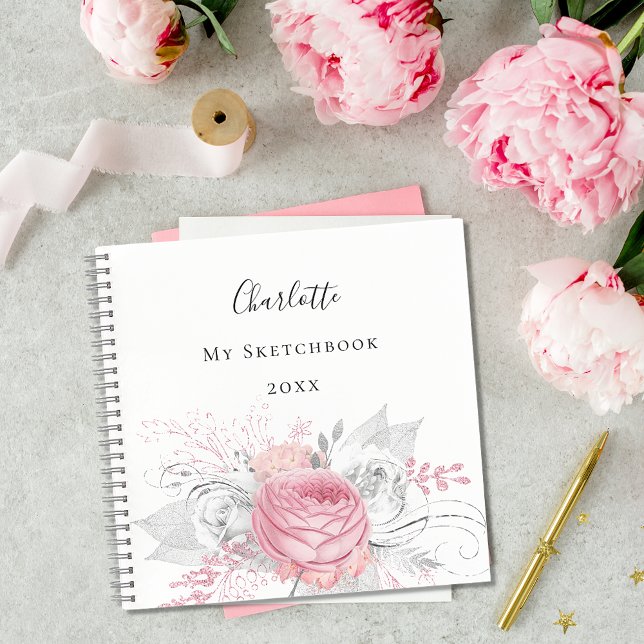 Carnet Sketchbook rose floral argent feuillage blanc (Créateur téléchargé)