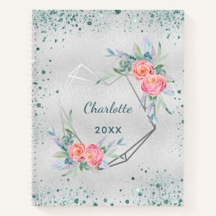 Carnet Sketchbook silver florals green glitter dust name