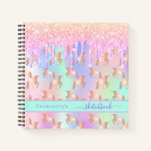 Carnet Sketchbook unicorn rose nom holographique fille