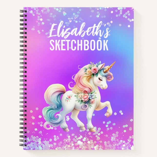 Carnet Sketchbook Unicorn rose pourpre Nom Iridescente (Devant)