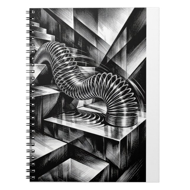 Carnet Slinky monochrome dévalant des marches chromées (Devant)