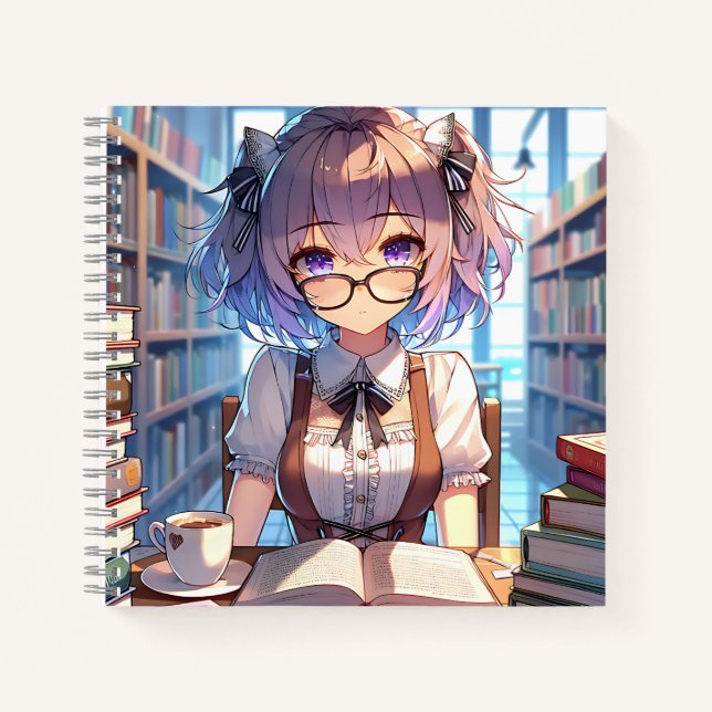 Carnet Smart Anime Girl in Library Reading Books (Devant)