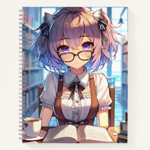Carnet Smart Anime Girl in Library Reading Books