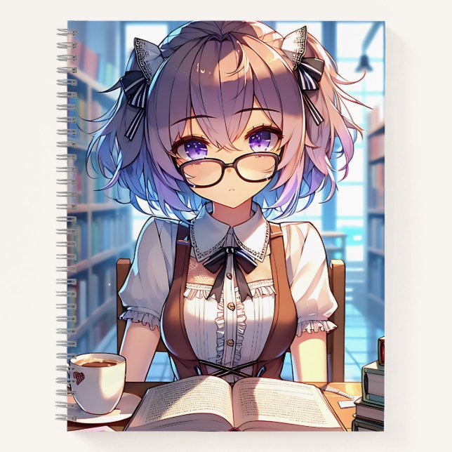 Carnet Smart Anime Girl in Library Reading Books (Devant)