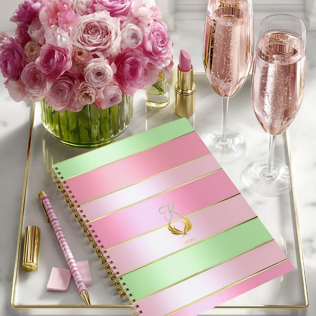 Carnet Soft Pastel Pink and Green Striped (Pretty Posh Pastel Monogrammed Pink and Green Notebook/Glossy Softcover (shown)Matte Hardcover )