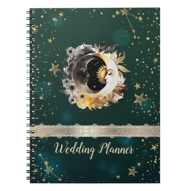 Carnet Soleil Céleste Et Fleurs Lune Étoiles Vert (Devant)