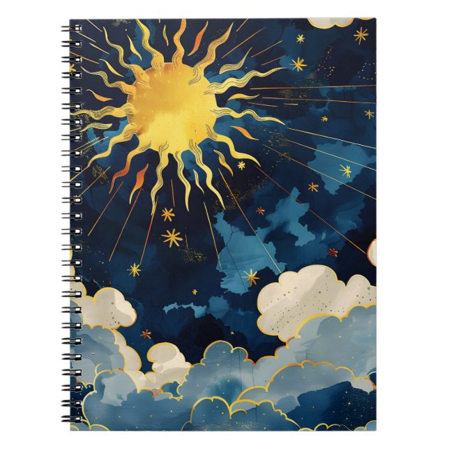 Carnet Soleil céleste moderne, étoiles et nuages bleus (Devant)