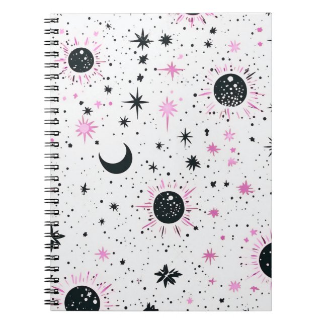 Carnet Soleil Lune Étoiles Célestes Noir et Rose (Devant)