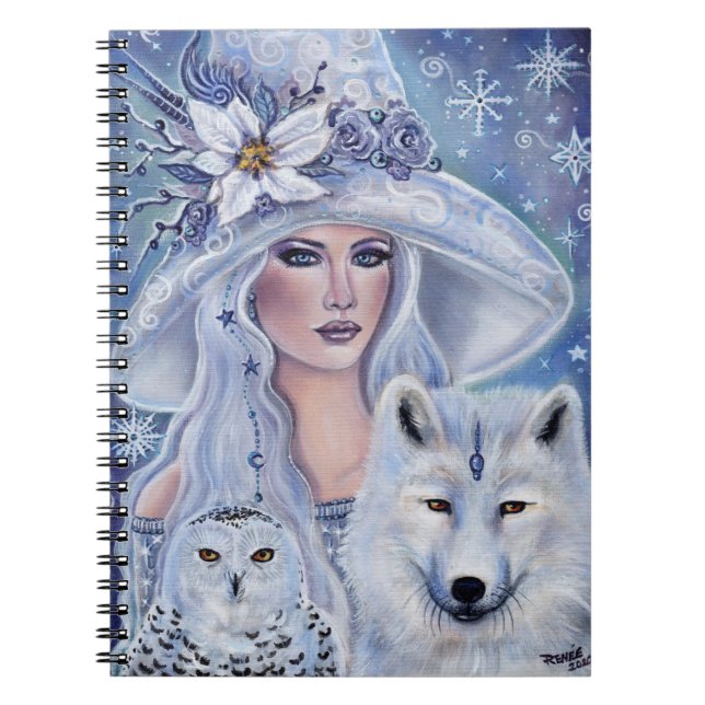 Carnet Sorcière blanche avec l'art du loup et de la choue (Devant)