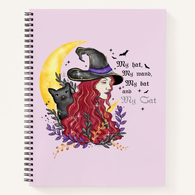 Carnet Sorcière, chat noir et lune de croissant (Devant)
