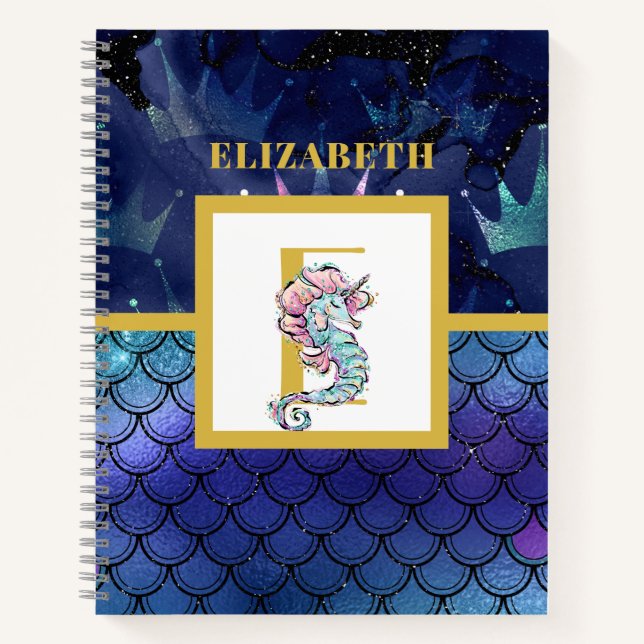 Carnet Sous la mer avec Seahorse Unicorn Ajouter initial (Devant)