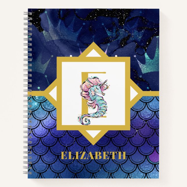 Carnet Sous la mer avec Seahorse Unicorn Ajouter initial (Devant)