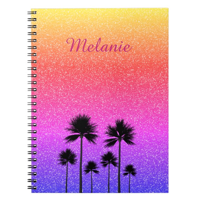 Carnet Sparkly Palm Trees Gradient Sunset Personalised (Devant)
