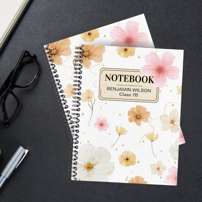 Carnet spiral blanc et beige Floral (White & Beige Floral Watercolor Spiral Notebook With Custom Name )