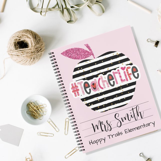 Carnet Spiral de vie de l'enseignant rose et noir (Créateur téléchargé)