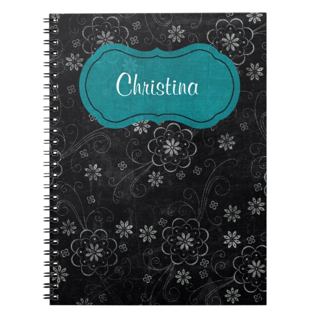 Carnet spiral floral noir (Devant)