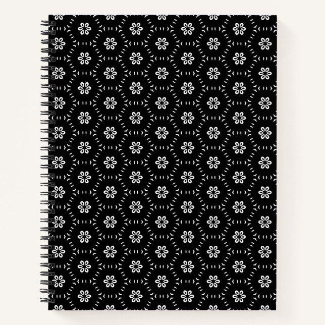 Carnet spiral noir et blanc à motifs floraux (Devant)