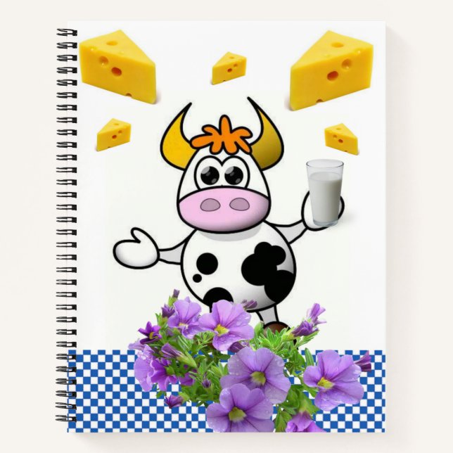 Carnet spiral Vache Bleu Plaid Fromage Lait Floral (Devant)