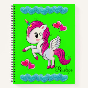 Carnet spirale Bleu Coeurs Unicorne Vert