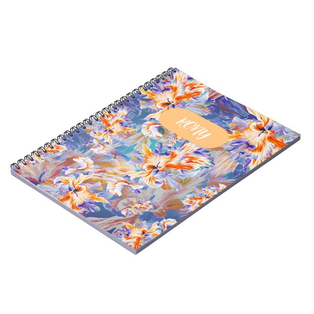 Carnet Spirale florale abstraite orange et bleu vibrant (Côté gauche)