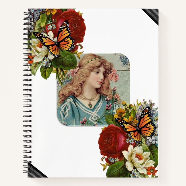 Carnet spirale papillon victorien femme florale (Devant)