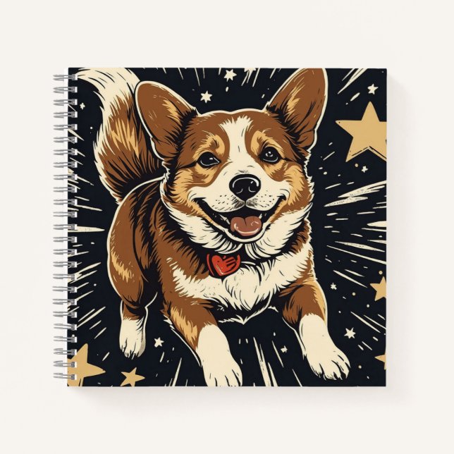 Carnet Starlit Corgi - Charme Linocut Céleste (Devant)