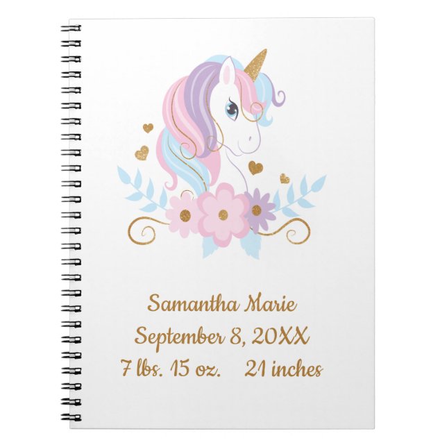Carnet Statistiques de naissance Licorne Rose Bleu Or, Fé (Devant)